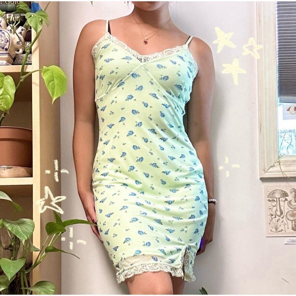 Wild Fable Coquette Fairy Mesh Green Floral Lace Trim Slip Mini Dress Y2K M New